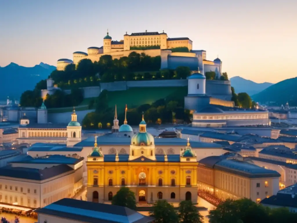 Escena mágica del Festival de Música Salzburgo: arquitectura elegante, calles históricas, jardines encantadores