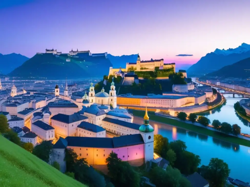 Vista impresionante del Festival de música tradicional de Salzburgo al atardecer, con la icónica Fortaleza Hohensalzburg en la colina