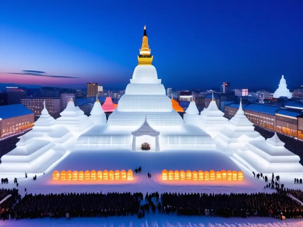 Festival Nieve Sapporo Japón: Paisaje nocturno impresionante con esculturas de nieve y la Torre de Tokio iluminada