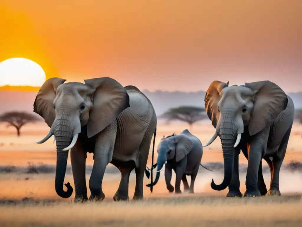 Festival Elefantes Botswana: majestuosos elefantes en la vasta sabana al atardecer