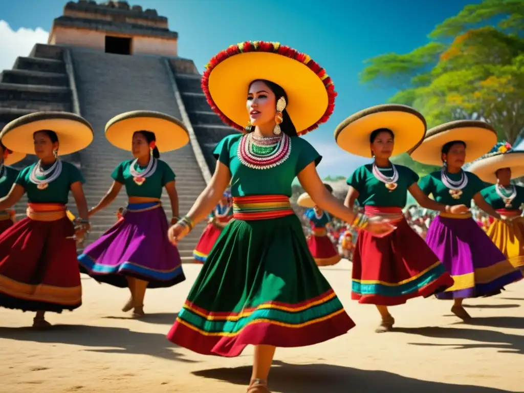 Festival tradicional cultura Maya con danzas y ruinas antiguas en una escena etérea y fotorealista