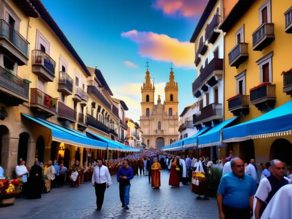 Festivales de Semana Santa en España - Procesión religiosa y coloridas fachadas en una calle histórica