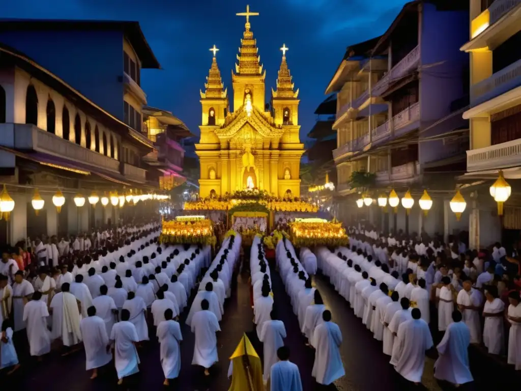 Festivales Semana Santa en Filipinas: Procesión vibrante de Manila, devotos en trajes tradicionales, estatuas religiosas en adornados carros