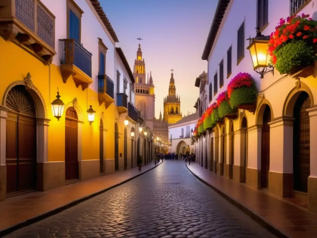 Calle estrecha de Sevilla en Semana Santa con decoraciones vibrantes, balcones llenos de flores y una majestuosa catedral