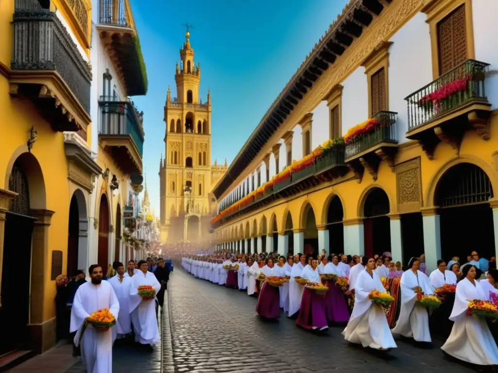 Calle estrecha de Sevilla durante Semana Santa, con procesión de penitentes y balcones adornados con flores - Historia de la Semana Santa mundial