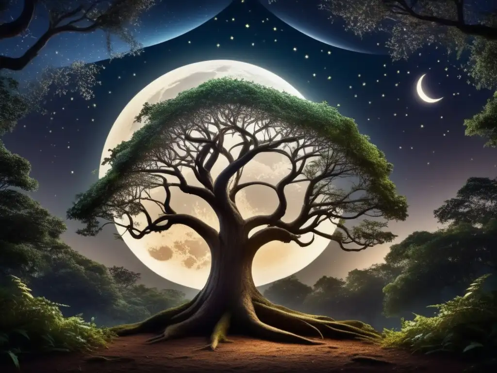 Significado rituales luna nueva en mágico bosque con altar y objetos simbólicos