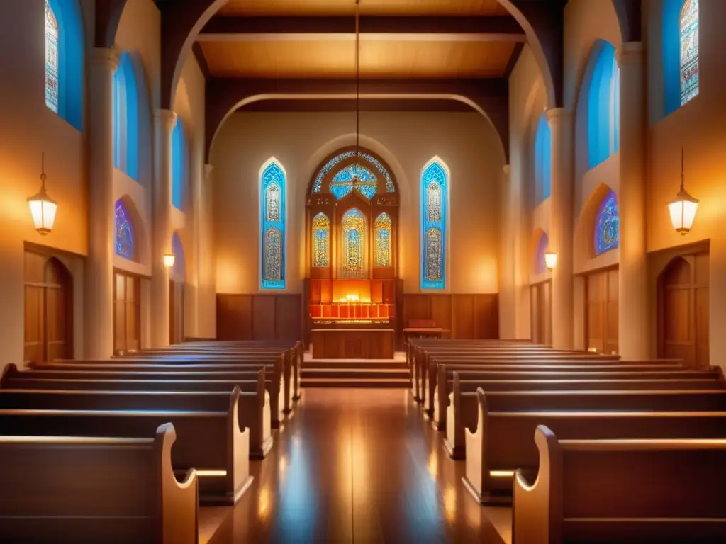 Interior de una sinagoga, luz dorada, vitrales, púlpito y rollo de la Torá, historia festividades Yom Kippur Rosh Hashaná