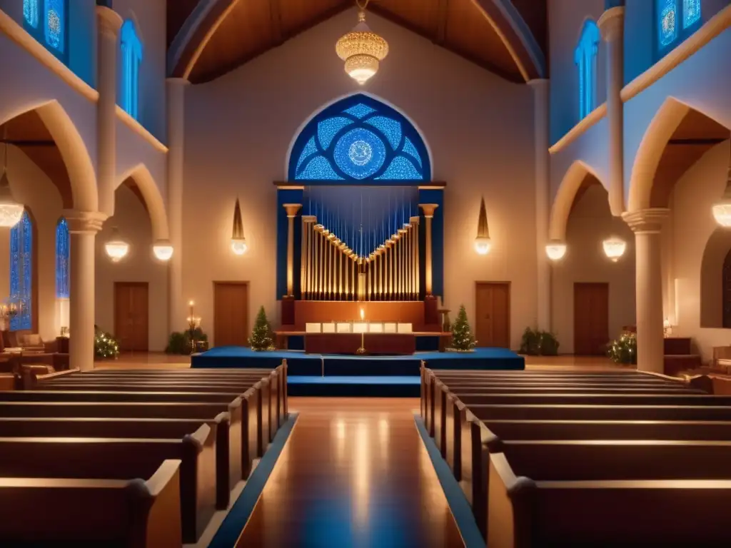 Celebración Hanukkah: Sinagoga bellamente decorada, música y tradiciones musicales Hanukkah contemporáneas