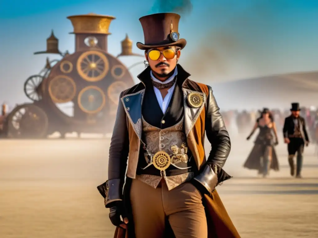 Vestuario festival Burning Man: hombre con atuendo steampunk, playa de Black Rock City y arte impresionante