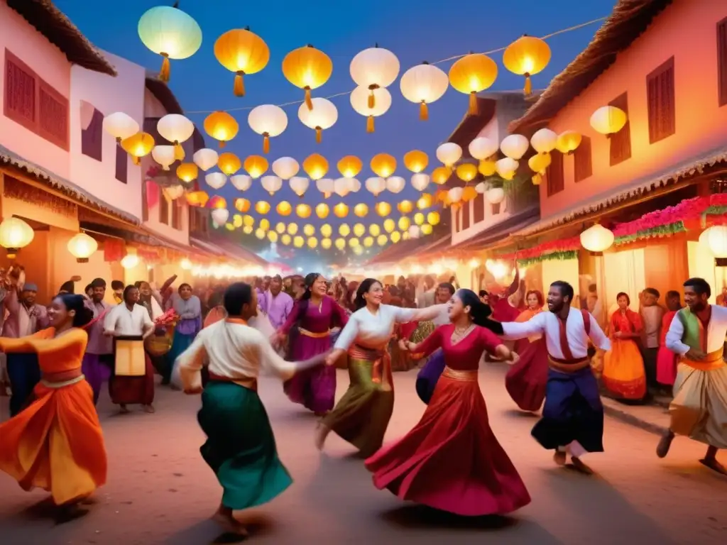 Celebraciones y festivales interculturales: Street scene with diverse cultures celebrating, dancing, and sharing traditions