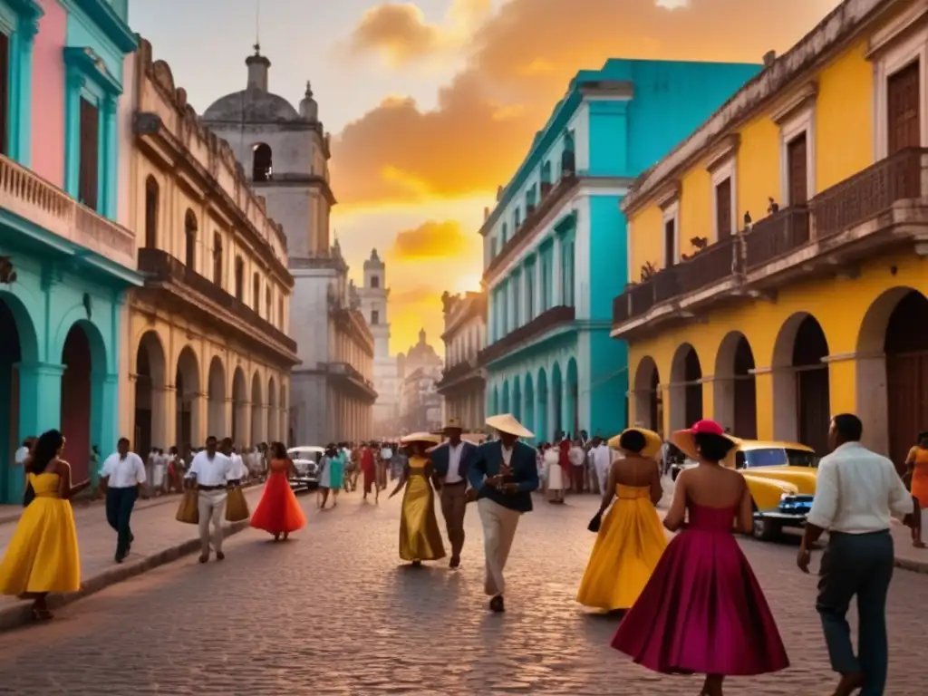 Festival de Cine en Cuba: calle vibrante de La Habana con edificios coloniales, luz dorada y gente vestida de forma tradicional