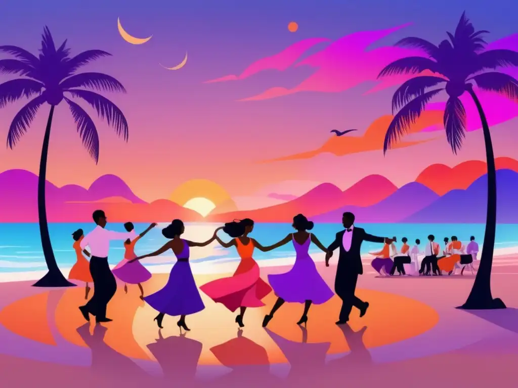 Festival de swing en Asia: Dancers vibrantes en una playa pintoresca al atardecer