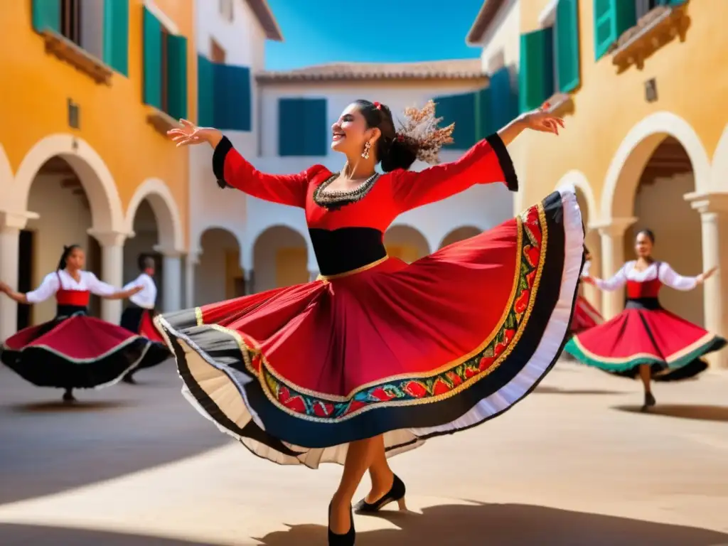 Tarantella: danza tradicional con una bailarina en un patio soleado rodeada de músicos, flores y alegría