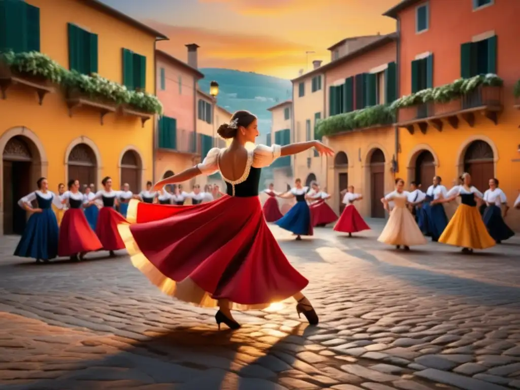 Tarantella: baile tradicional italiano en una plaza pintoresca al atardecer, con danzantes vibrantes y música alegre