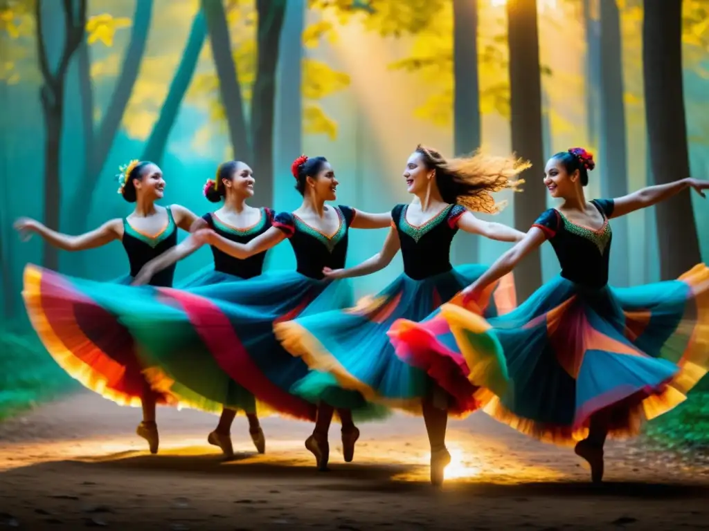 Tarantella: danza mágica en bosque encantado, vestidos vibrantes, movimientos sincronizados al ritmo, flores en caída