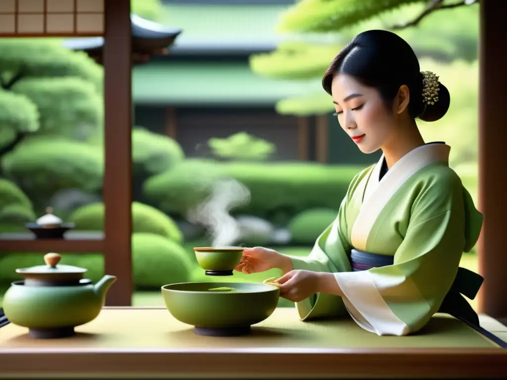 Ceremonia del té matcha japonesa en jardín sereno con maestra de té, utensilios tradicionales y naturaleza exuberante