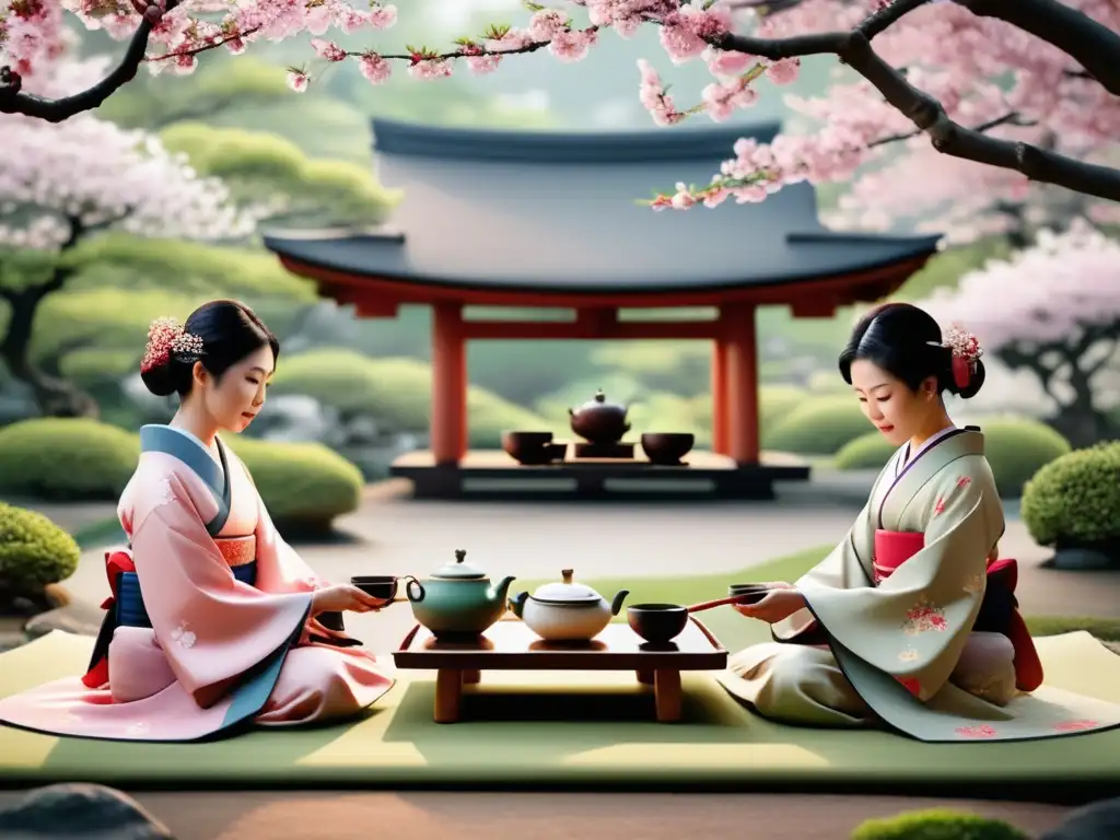 Una cautivadora ceremonia del té japonés en un jardín sereno, bajo un cerezo en flor y delicados pétalos rosados cayendo