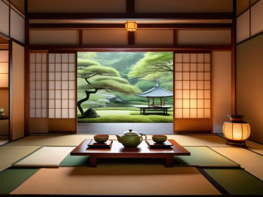 Ceremonia del té matcha japonesa en un entorno sereno y tranquilo, donde un maestro prepara y sirve el té con reverencia