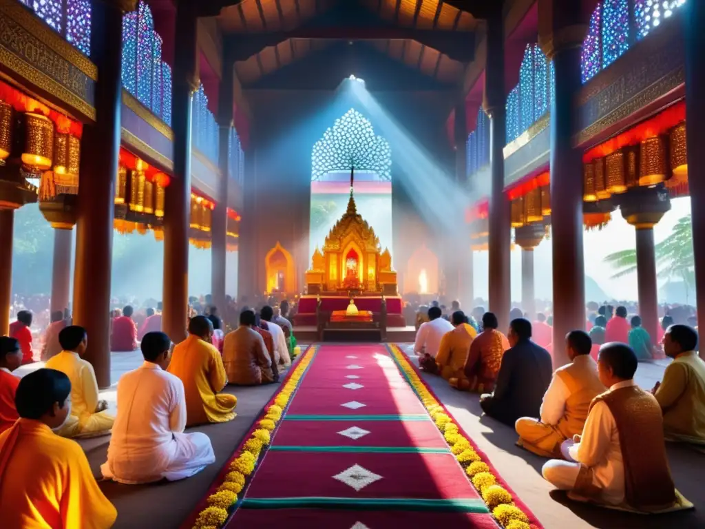 Fotografía festivales religiosos tradicionales: Escena vibrante en un templo adornado, devotos en oración, ambiente místico