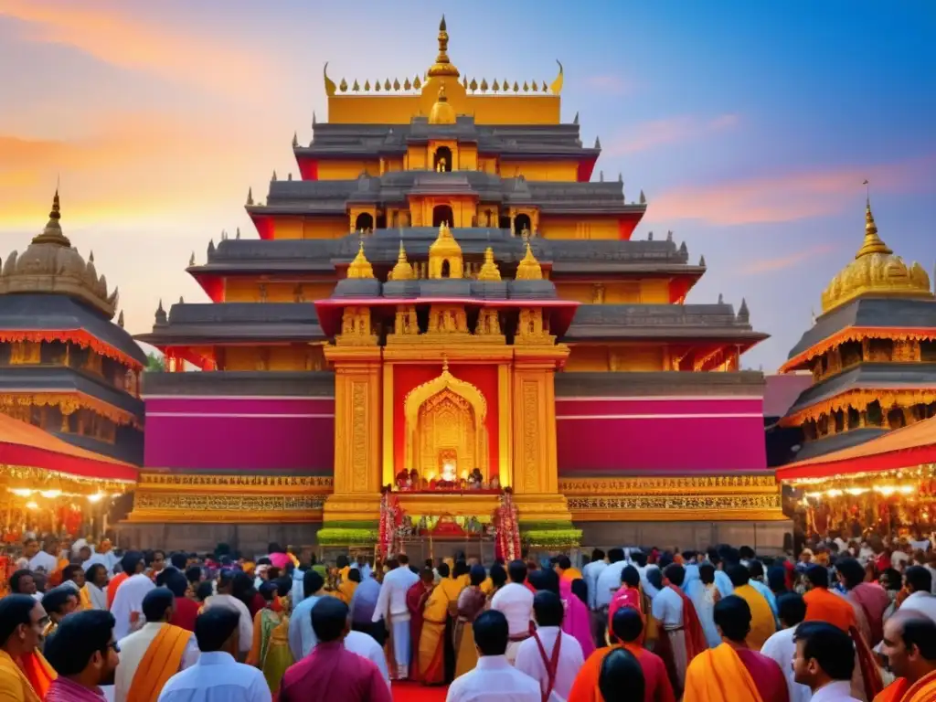 Festivales tradicionales alrededor del mundo: Templo majestuoso, colores vibrantes, multitud festiva