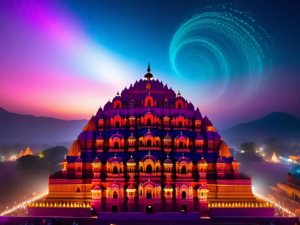 Festival de las Luces en India: Templo antiguo iluminado con luces vibrantes, creando un espectáculo surrealista