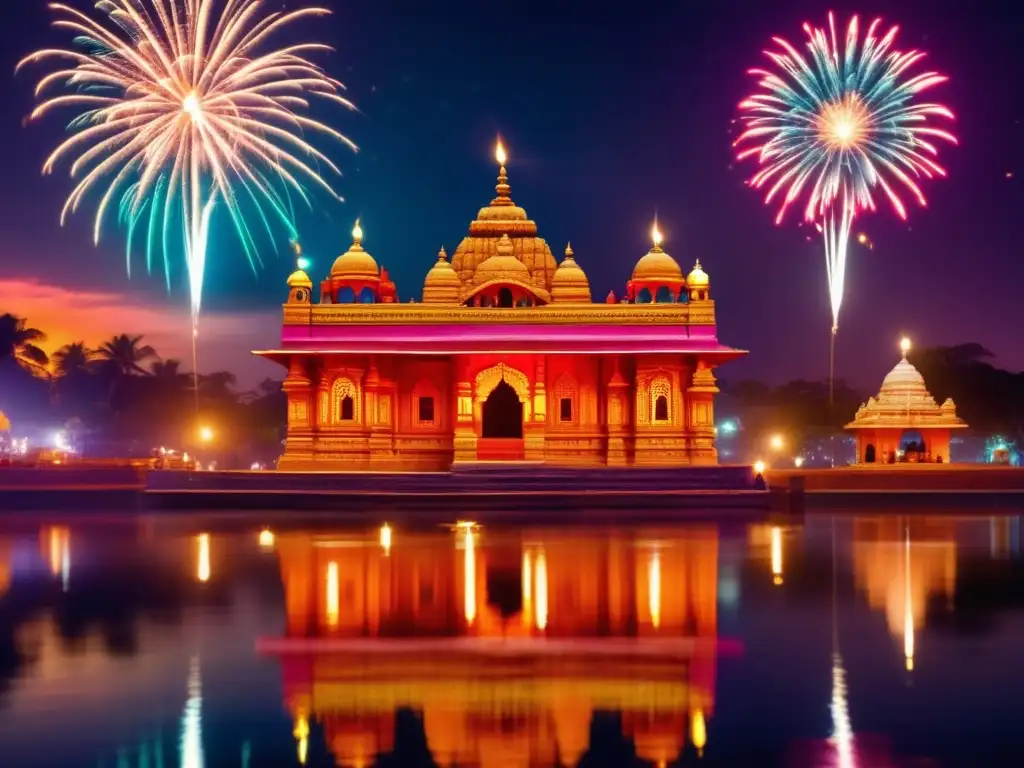 Un templo indio decorado durante Diwali, con patrones intrincados y colores vibrantes, iluminado por diyas y reflejado en un lago tranquilo