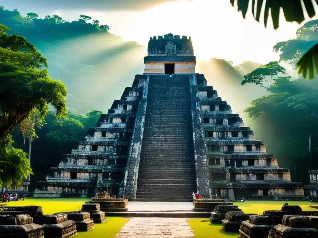 Festivales tradicionales culturas Maya en imagen de templo maya rodeado de naturaleza exuberante y artistas mayas