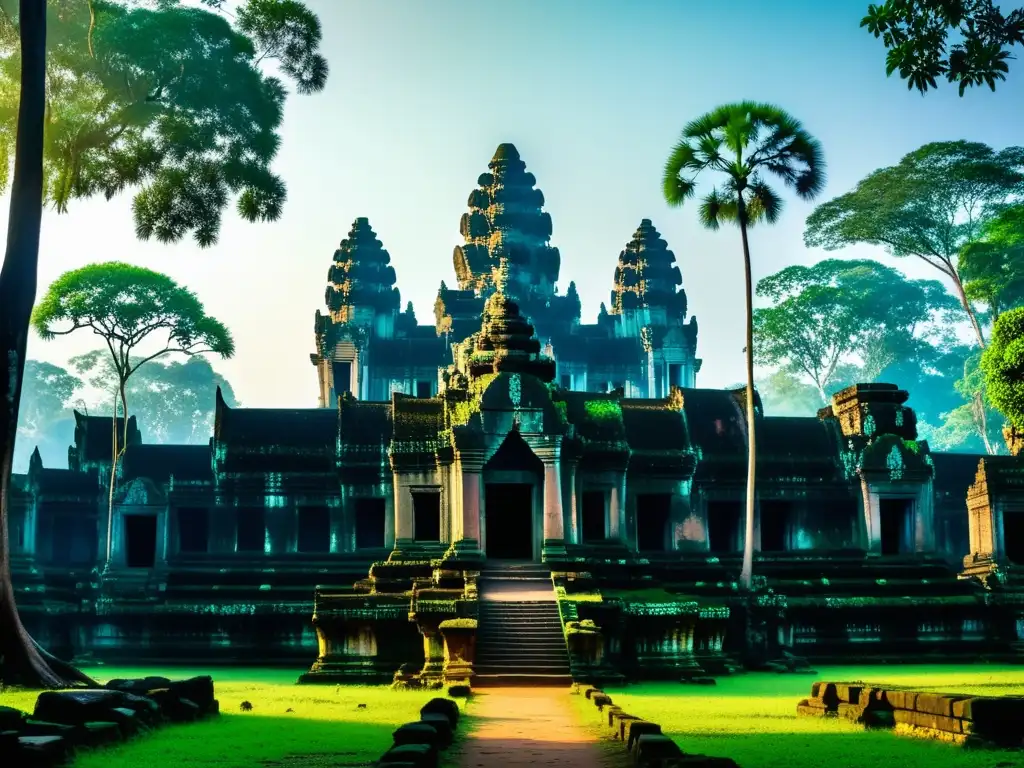 Majestuoso templo en medio de la exuberante jungla de Angkor con festivales tradicionales (110 caracteres)