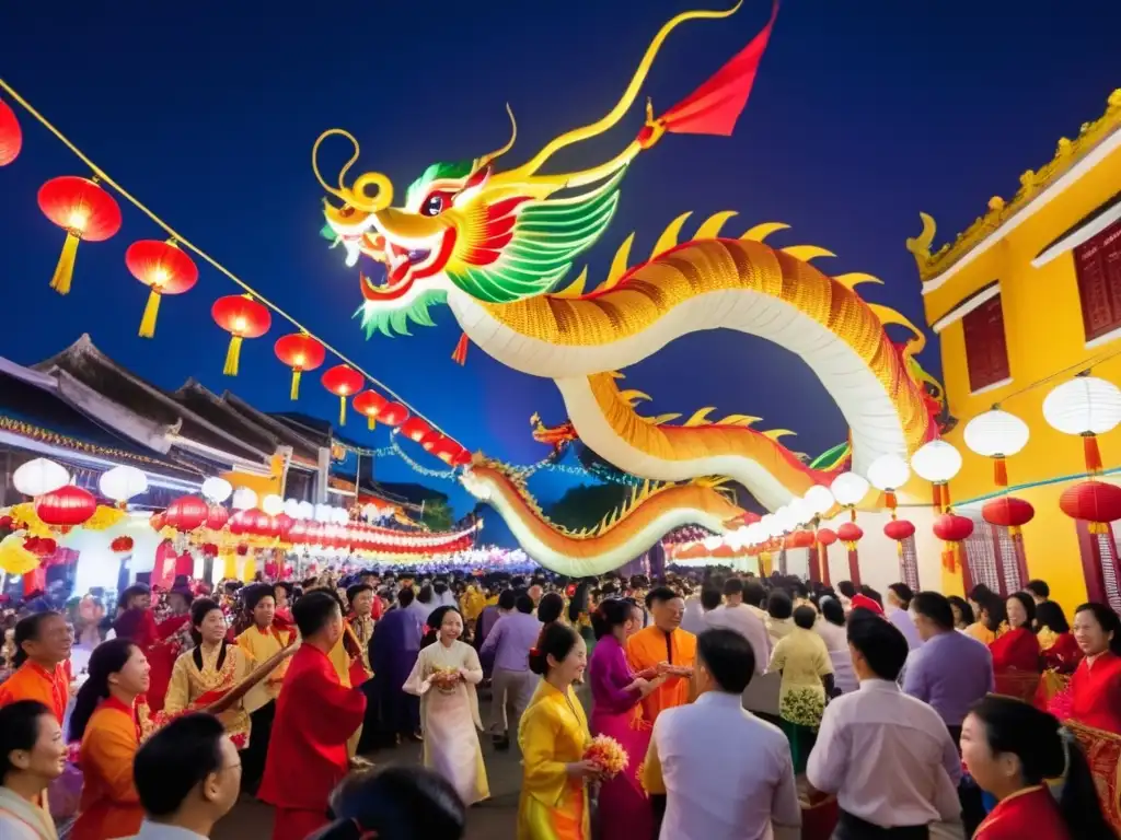 Escena vibrante durante el Tết Año Nuevo Lunar vietnamita con danza del dragón y tradiciones del licor de arroz