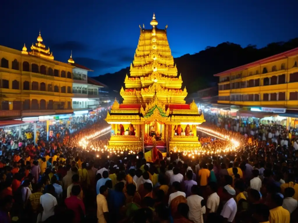 Celebración Thaipusam Malasia: Devotos en procesión nocturna con carros, lámparas, atuendos tradicionales, kavadis y fervor espiritual