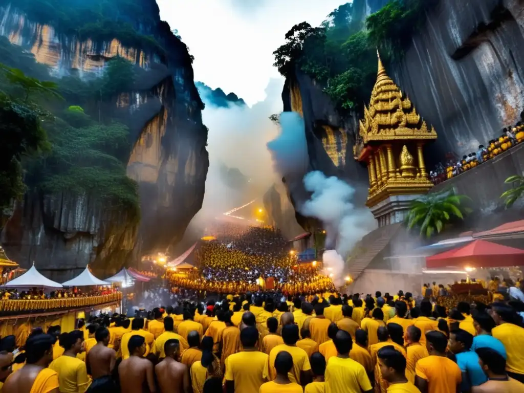 Celebración Thaipusam Malasia: procesión vibrante en Batu Caves, con devotos llevando kavadis adornados