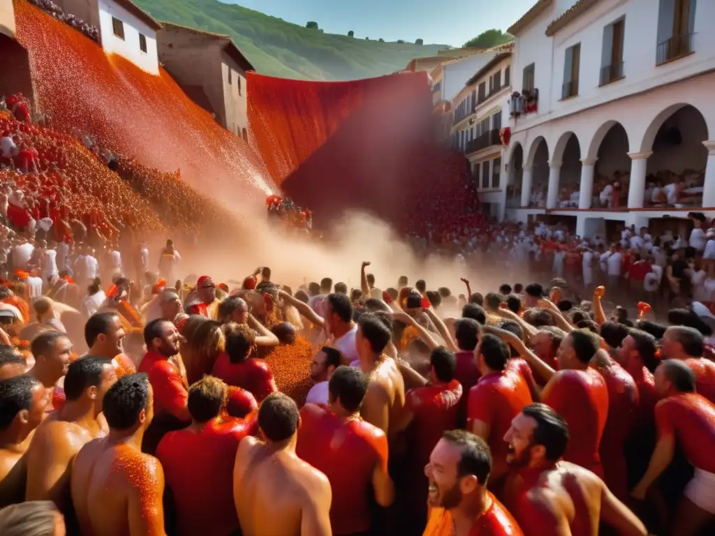 Festival La Tomatina en Buñol, España: una imagen cautivadora y realista que muestra el caos y la emoción de este legendario evento