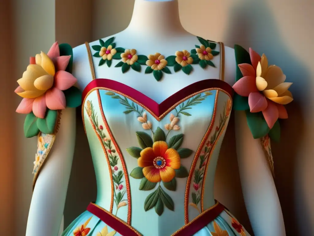 Traje de festival de flores tradicionales, una imagen etérea y realista que muestra la riqueza cultural y la artesanía detrás de estos tesoros