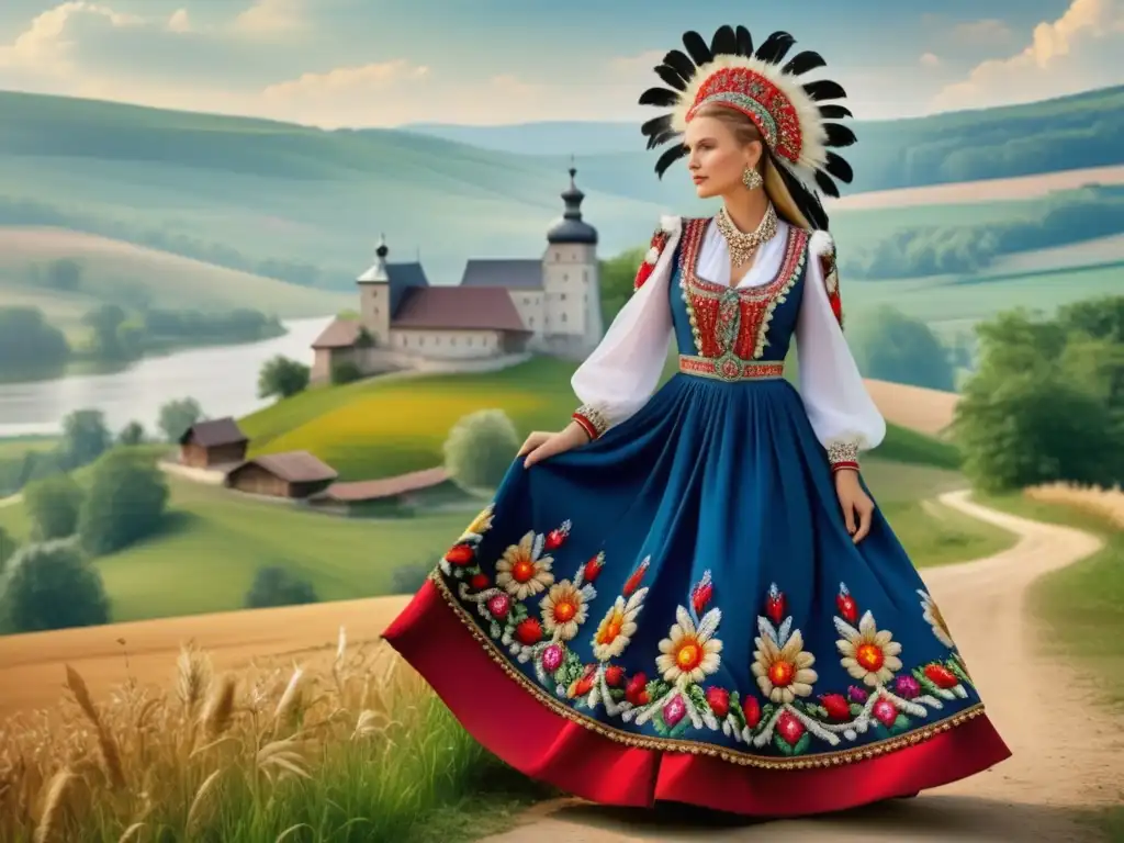 Simbolismo indumentaria tradicional polaca: traje polaco con bordados, colores vibrantes y paisaje rural - esencia de la cultura