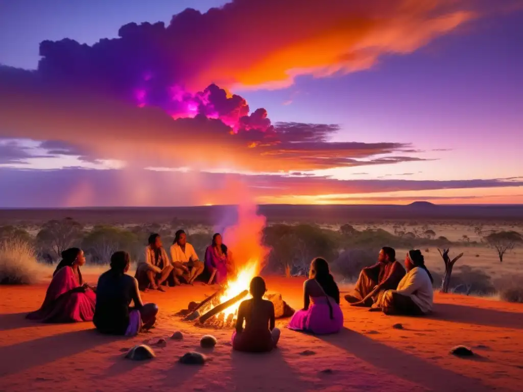 Festivales aborígenes Australia tradición: Atardecer etéreo en el Outback australiano con aborígenes en campamento