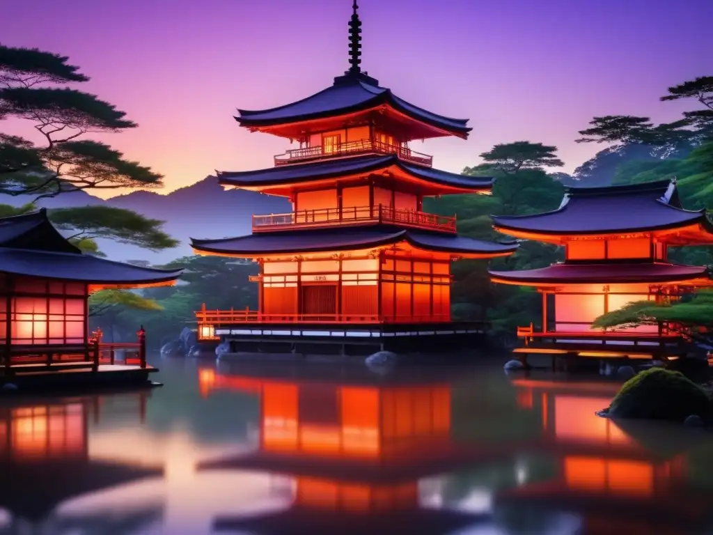 Templo japonés rodeado de bosque de bambú, en un atardecer mágico y sereno - Campo_por_completar