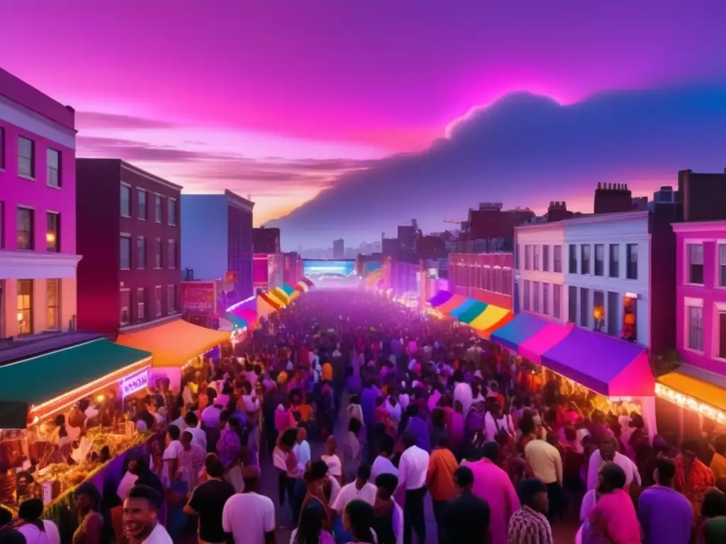 Festivales LGBTQ+ tradicionales en una ciudad vibrante al atardecer, con luces neón y diversidad en una celebración transformadora