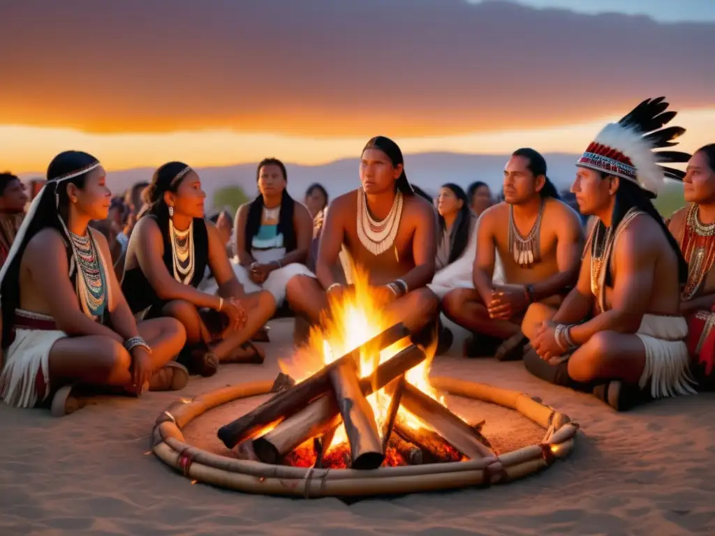 Tribu nativa americana celebrando Festival de la Cerveza de Raíz, en torno a una hoguera al atardecer