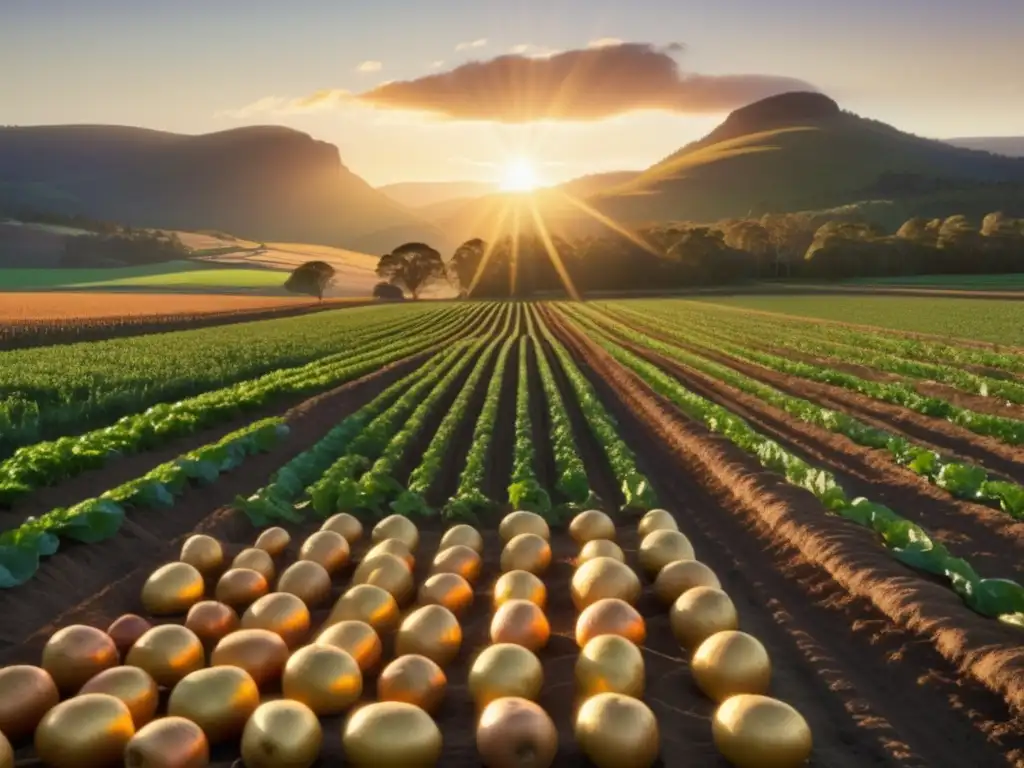 Descubre el encanto del Festival de la Tubérculo en Tasmania: una imagen etérea y fotorealista de un paisaje sereno, con campos vibrantes y festivos de tubérculos bañados por la luz dorada del sol