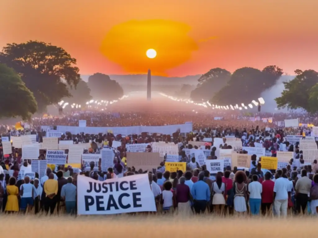 Festival protesta internacional: campo dorado, gente diversa, pancartas coloridas, música apasionada, escenario etéreo