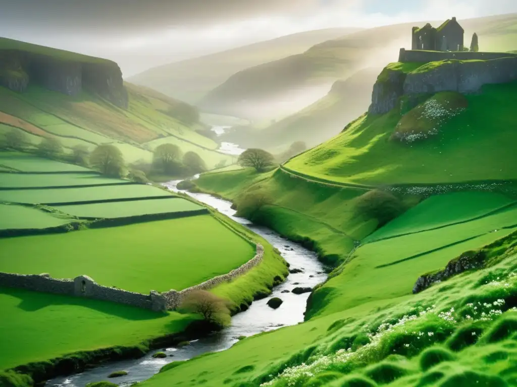 Un paisaje irlandés místico y fotorealista con valle sereno, colinas verdes, ruinas antiguas y símbolos culturales de San Patricio