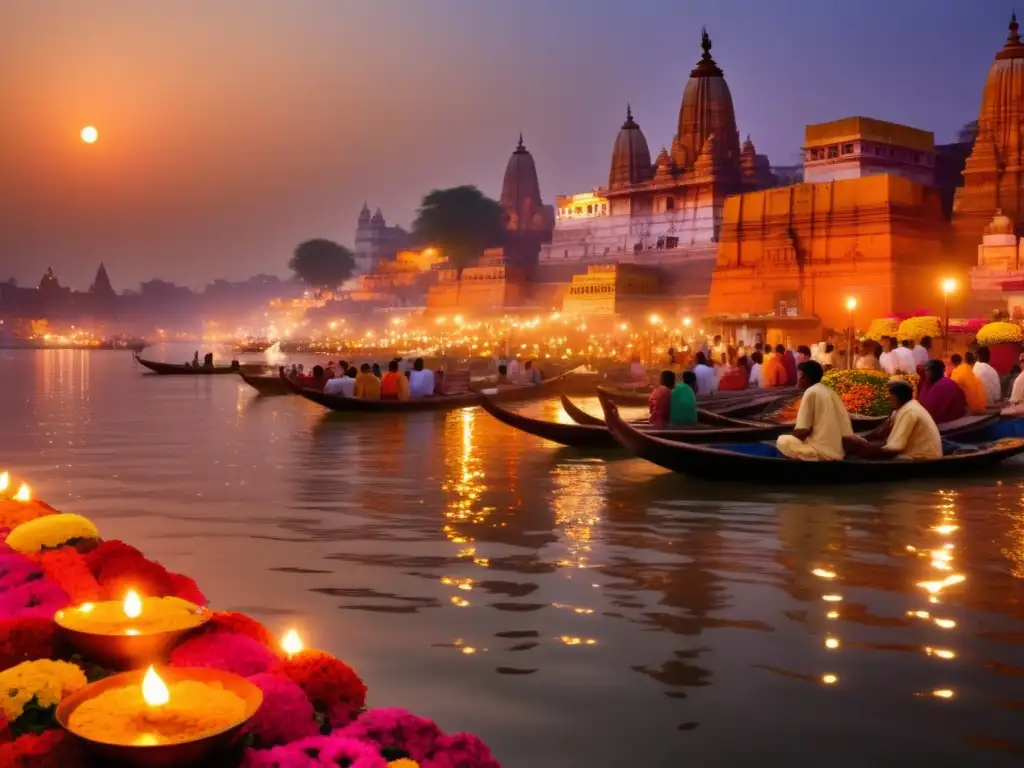 Festivales sagrados de la India en Varanasi: Devotos en rituales y templos antiguos junto al río Ganges al atardecer