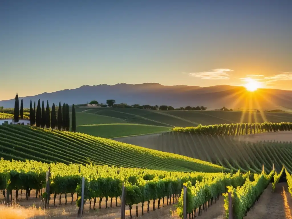 Importancia del vino en vendimia Argentina - Un paisaje encantador de viñedos dorados al atardecer, con barril de madera y uvas