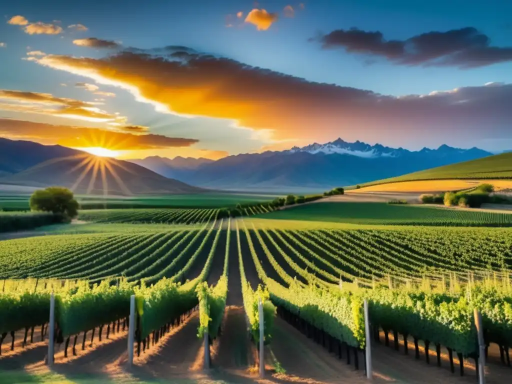 Celebración Vendimia Argentina en paisajes de viñedos a la luz de un atardecer dorado, recolectores cosechando uvas maduras