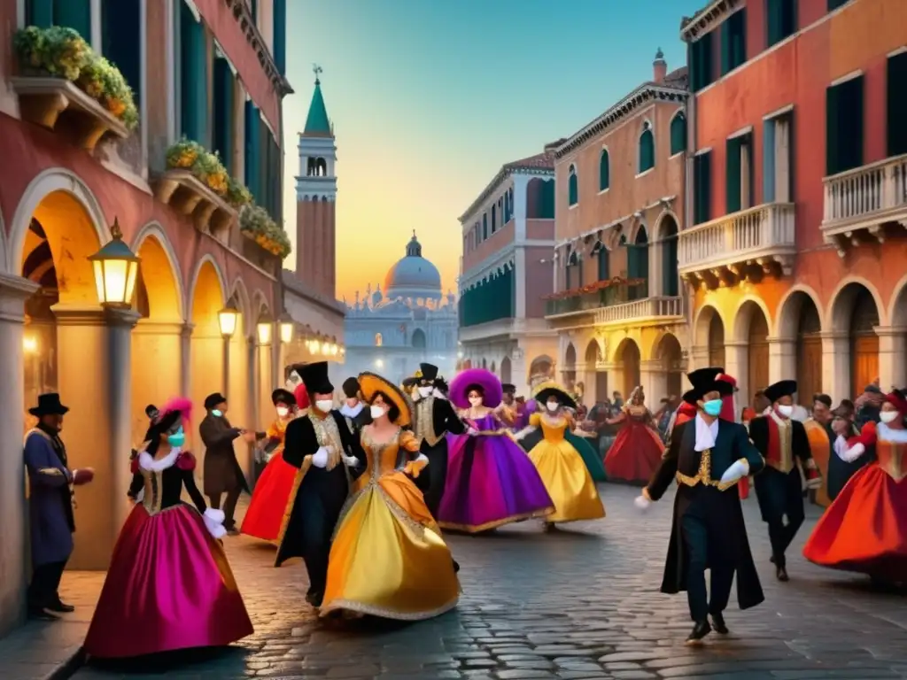 Celebración tradicional del Carnaval de Venecia: calle bulliciosa, colores vibrantes, máscaras venecianas, baile animado