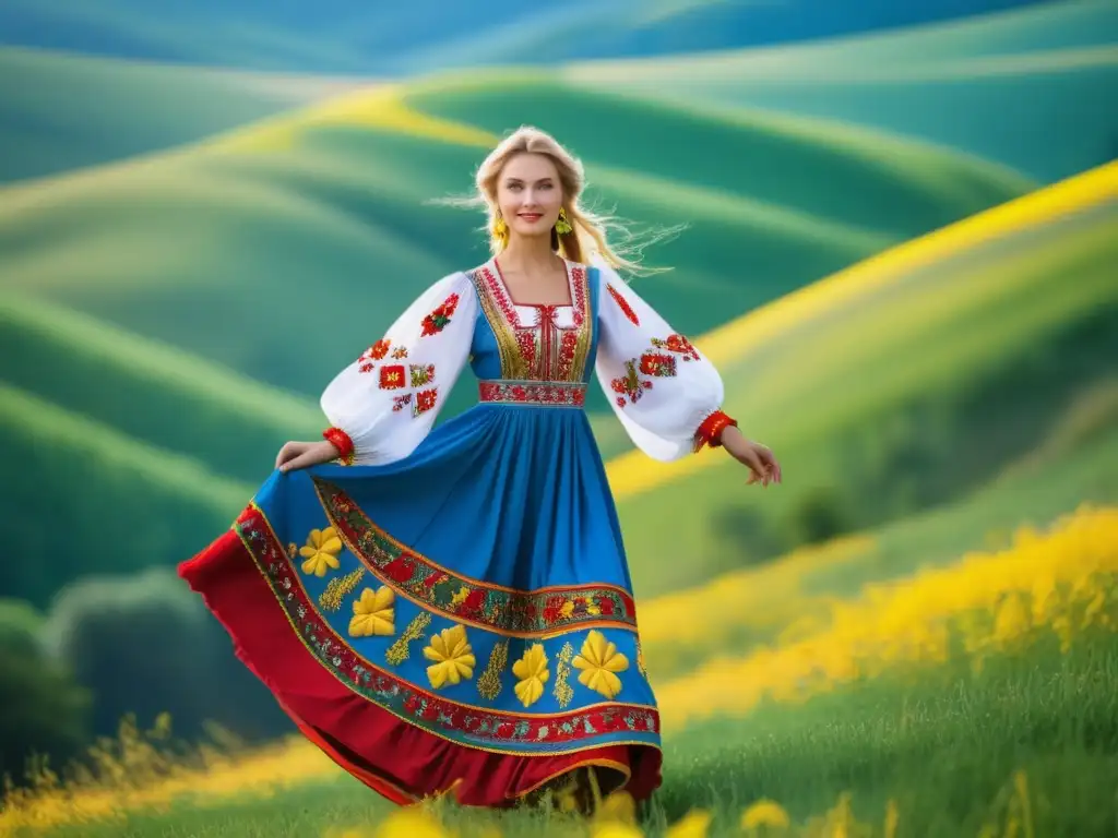 Vestido ucraniano tradicional en paisaje montañoso, simbolizando festivales tradicionales ucranianos