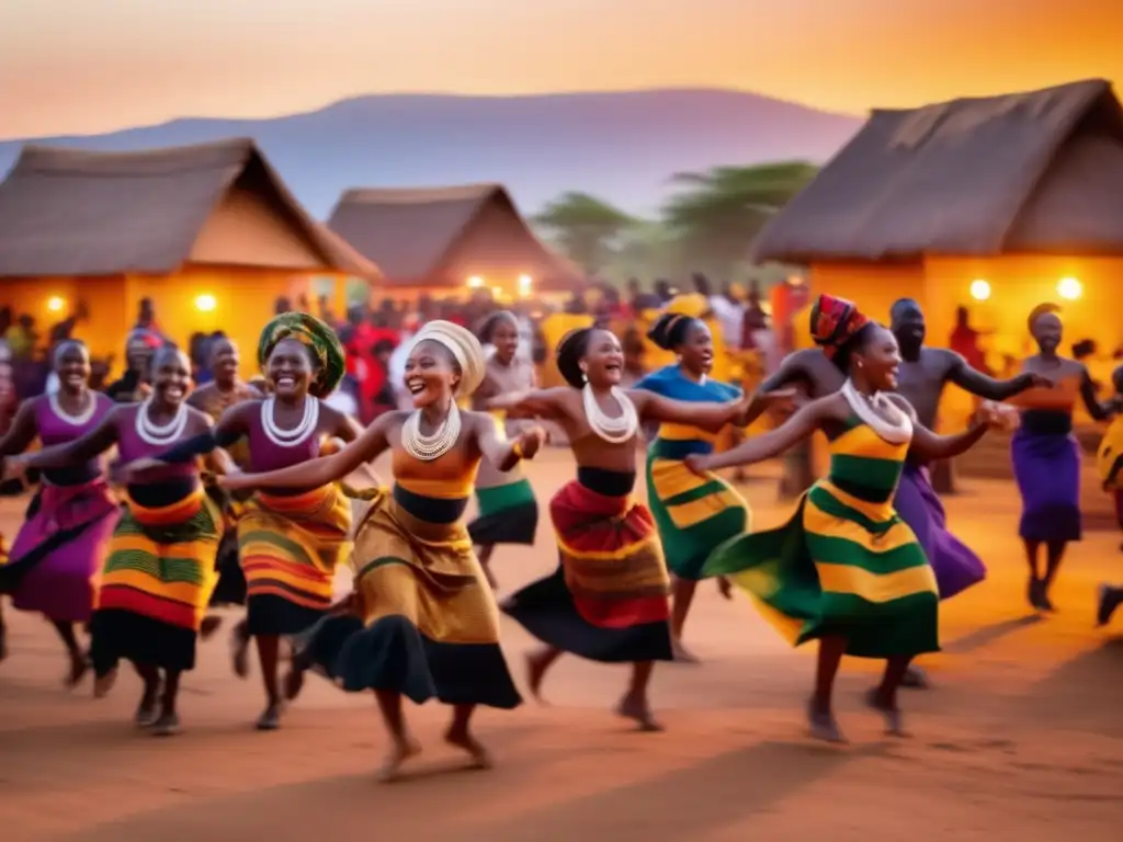 Festividad Kwanzaa: raíces africanas, celebración vibrante en una aldea africana al atardecer, con danzas, cantos y decoraciones coloridas