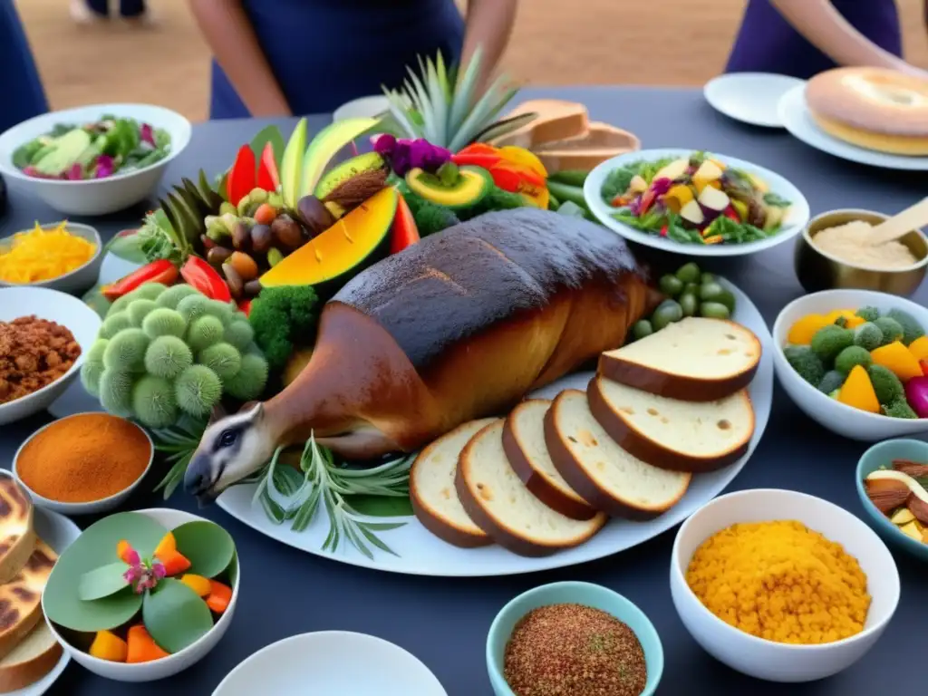 Comidas tradicionales en festivales de Australia: una imagen vibrante y llena de energía que muestra un banquete de delicias culinarias