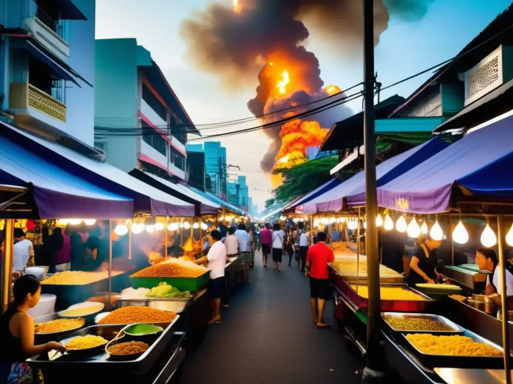 Festival comida callejera Tailandia: vibrante escena en Bangkok con coloridos puestos de comida, delicias culinarias y ambiente festivo