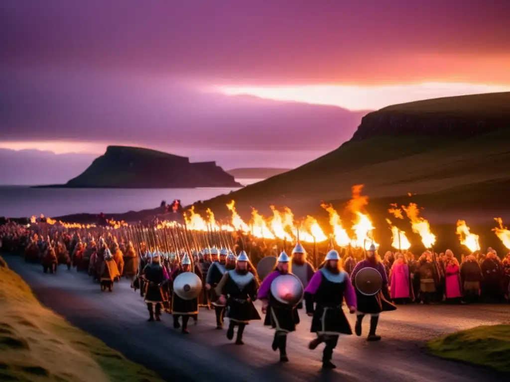 Festival Vikingo en Islas Shetland: Escena mágica con participantes vestidos de forma elaborada, antorchas encendidas y paisaje impresionante